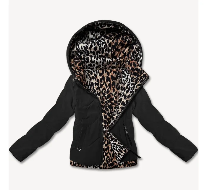 Miss TiTi Čiernohnedá krátka voľná bunda s leopardím vzorom (25898)