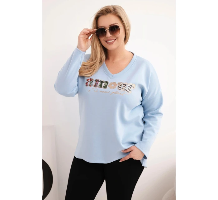 Plus veľkosť dámske V-neck mikina modrá