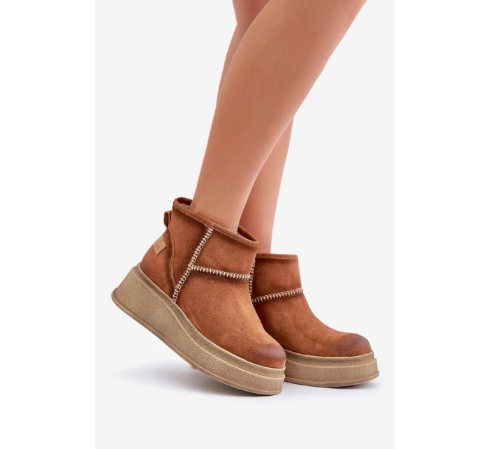 Skórzane Zamszowe Śniegowce Botki Na Platformie I Koturnie Maciejka 06769-29 Brązowe