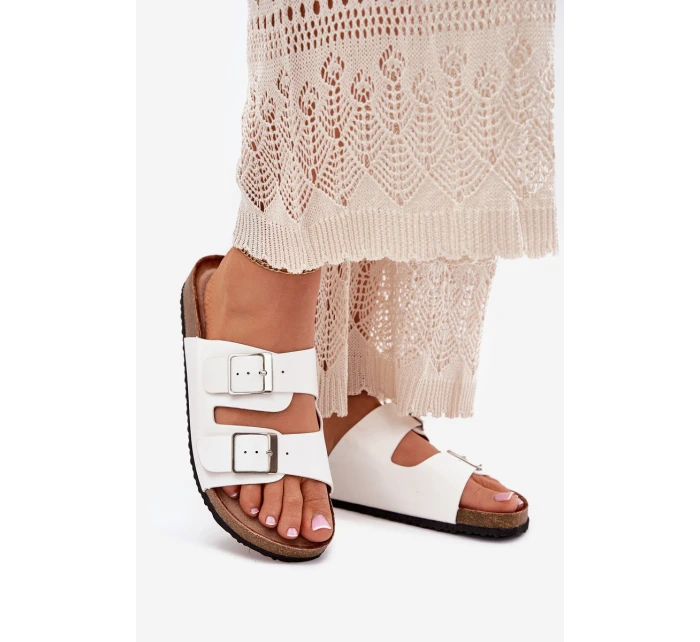 Klapki Damskie Na Korkowej Platformie Klamry Białe Evisolla Klapki Damskie Na Korkowej Platformie Klamry Białe Evisolla