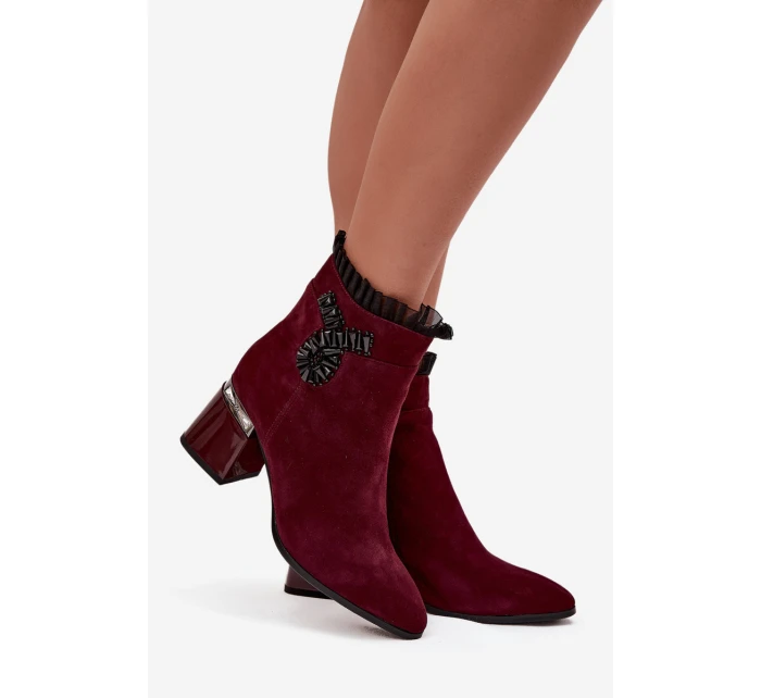 Semišové kožené dámské kotníkové boty na podpatku s ozdobou vyhřívané D&A MR52-127 bordó