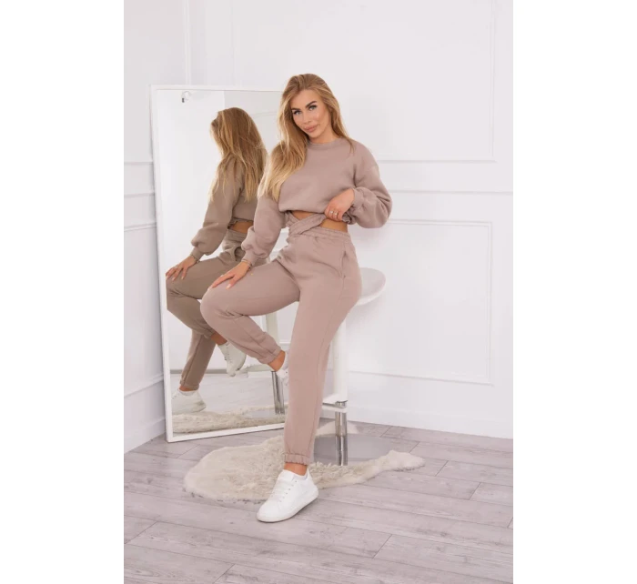 Zateplená souprava s krátkou mikinou tmavě béžová
