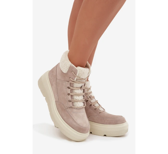 Zamszowe Śniegowce Damskie Z Kożuszkiem Na Platformie Vinceza 95354 Beżowe