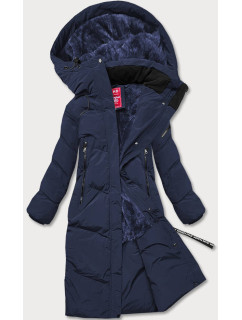 Tmavomodrá dlhá dámska zimná bunda s kožušinovou podšívkou (2M-011)