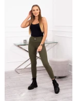 Pruhované legíny s vysokým pásom v khaki farbe