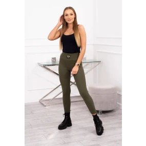 Pruhované legíny s vysokým pásom v khaki farbe