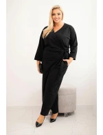 Dámský bavlněný overal Plus Size s vázáním v pase a 3/4 rukávem černý