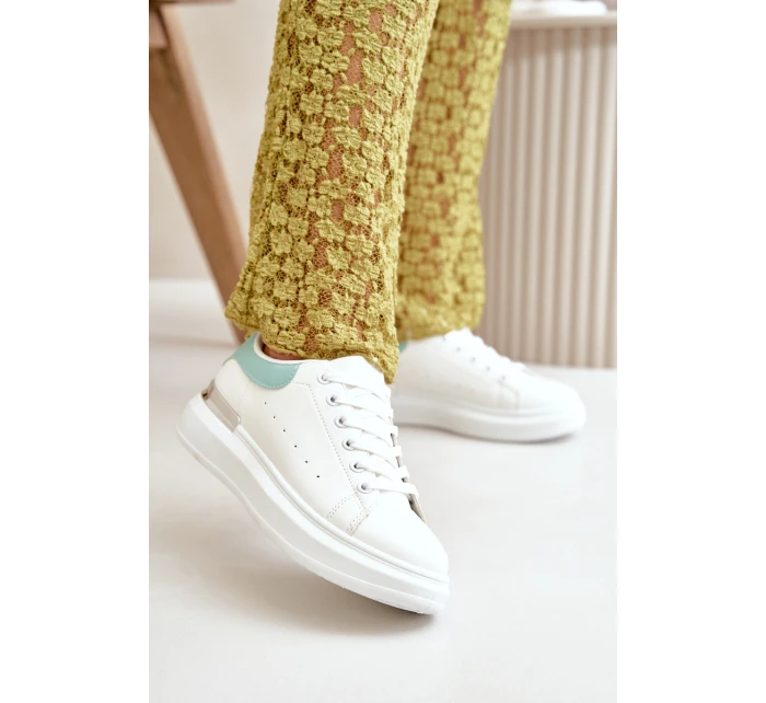 Niskie Trampki Damskie Na Platformie Z Eko Skóry Biało-Zielone Nevelena Niskie Trampki Damskie Na Platformie Z Eko Skóry Biało-Zielone Nevelena