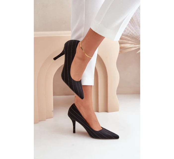 Materiałowe Szpilki Damskie W Paski Czarne Tifidra