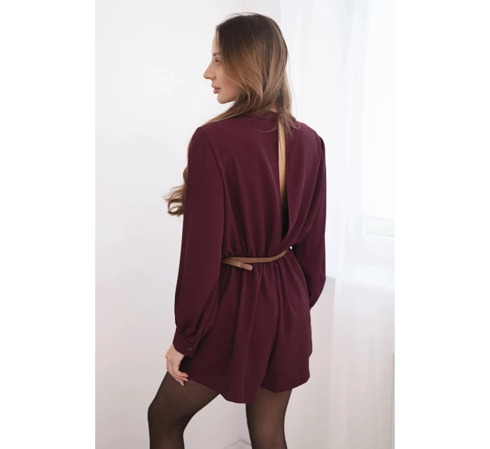 Elegantní dámský overal s páskem a dlouhým rukávem bordový Elegantní dámský overal s páskem a dlouhým rukávem bordový