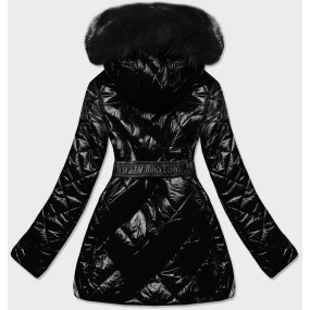 Čierna lesklá zimná bunda s machovitým kožúškom as čiernou kožušinou (W756)