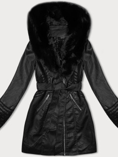 Čierna bunda s kožušinovým golierom J Style (11Z8091)