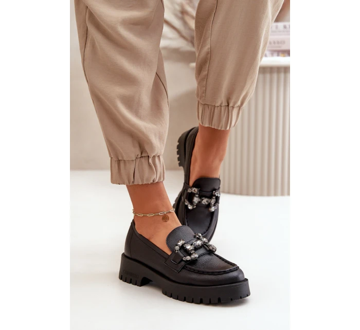 Damskie Skórzane Mokasyny Z Ozdobą CheBello 4369 Czarne