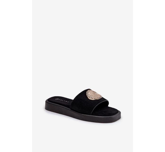 Klapki Damskie Ze Złotą Ozdobą Czarne Kaliora Klapki Damskie Ze Złotą Ozdobą Czarne Kaliora