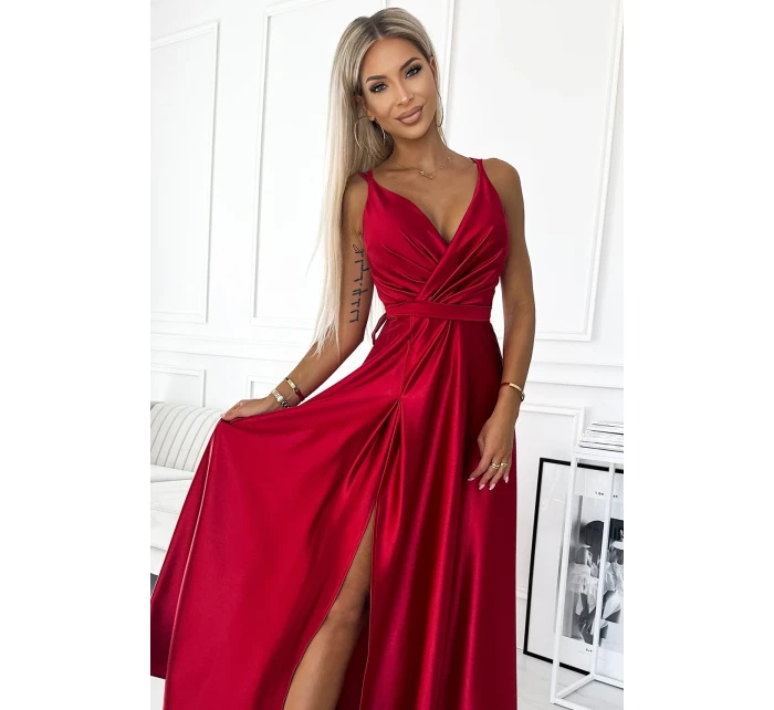 498-4 Dlhé saténové šaty s výstrihom a dvojitými ramienkami - ČERVENÉ