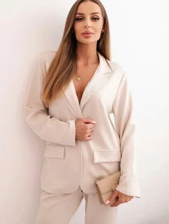 Dámsky viskózový komplet s ozdobami a elastickými nohavicami béžovej farby