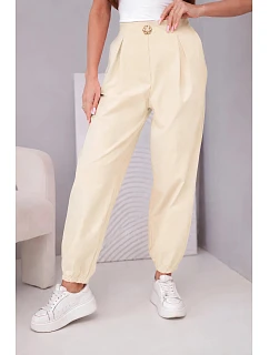 Dámské bavlněné kalhoty s vysokým pasem a ozdobným knoflíkem model 22205857 - K-Fashion