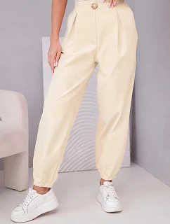 Dámské bavlněné kalhoty s vysokým pasem a ozdobným knoflíkem model 22205857 - K-Fashion