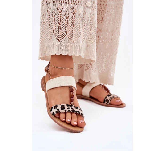 Płaskie Sandały Damskie Z Koralikami Panterka Beżowe Virona Płaskie Sandały Damskie Z Koralikami Panterka Beżowe Virona