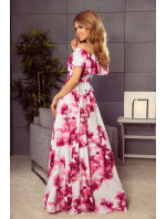 Dlhé dámske šaty s veľkými ružovými kvetmi a španielskym výstrihom model 6059216