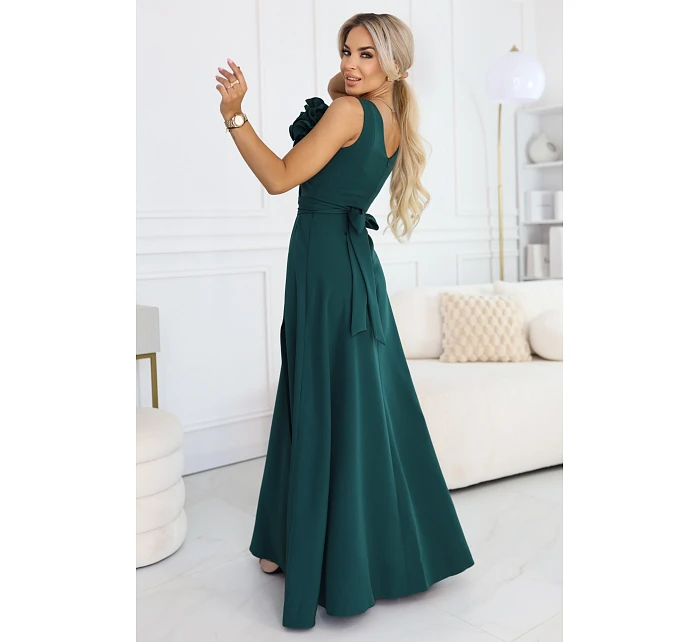 maxi šaty s květinou na a rozparkem lahvově zelené model 22108491 - numoco