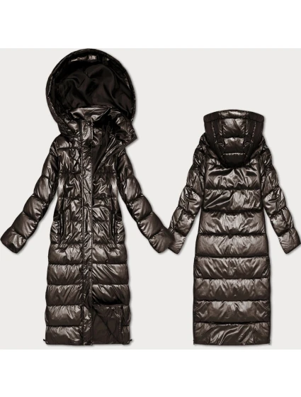 Dlouhá prošívaná bunda v čokoládové barvě pro přechodné období s kapucí model 21439614 - HONEY WINTER