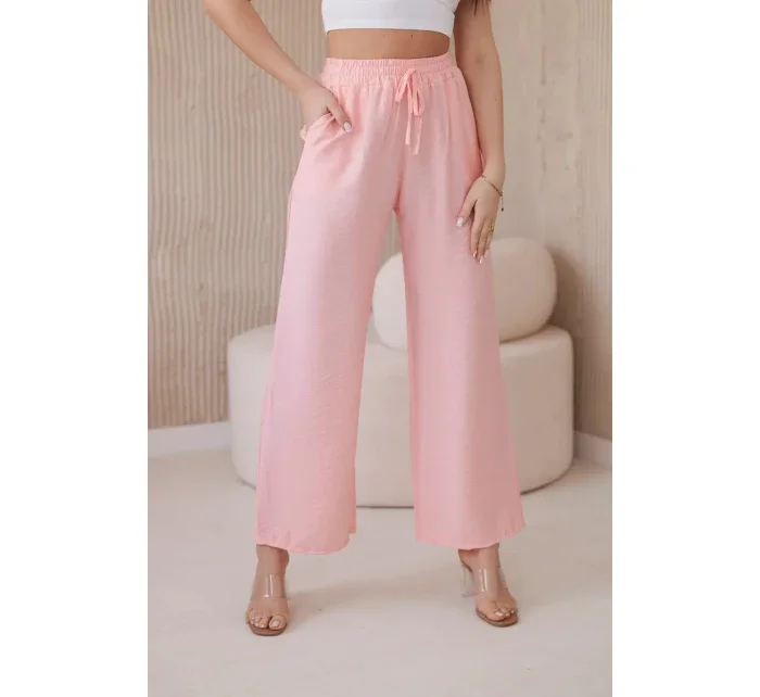 Viskózové nohavice so širokými nohavicami svetlo púdrovo ružovej farby