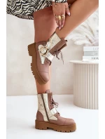 Zazoo 2942 Skórzane Botki Workery Ze Złotą Klamrą Beżowe