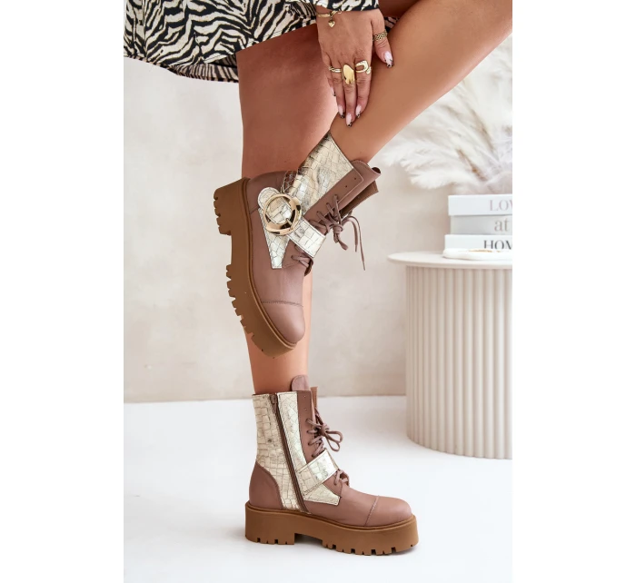 Zazoo 2942 Skórzane Botki Workery Ze Złotą Klamrą Beżowe