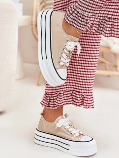 Trampki Damskie Na Platformie Ze Złotymi Przypinkami Beżowe Fiorina