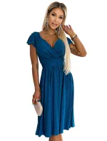 425-5 MATILDE Šaty s výstrihom a krátkymi rukávmi - MARINE s trblietkami