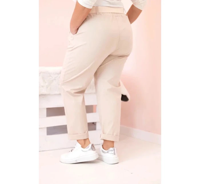 Dámské bavlněné kalhoty Plus Size s páskem světle béžová Dámské bavlněné kalhoty Plus Size s páskem světle béžová