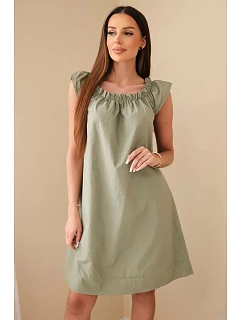 Dámské bavlněné šaty s nařaseným výstřihem a volánem khaki