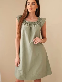 Dámské bavlněné šaty s model 22079481 výstřihem a volánem khaki - K-Fashion