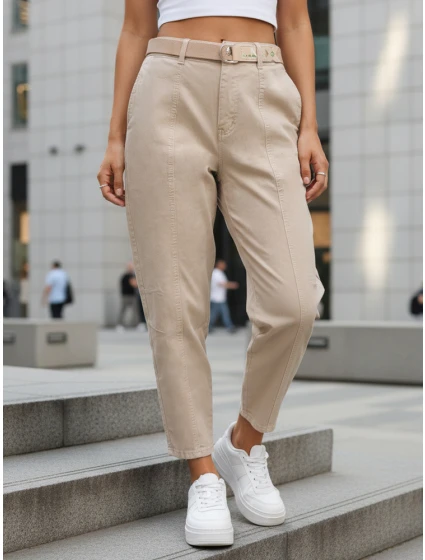 Dámske džínsy s vysokým pásom a opaskom béžovej farby FashionStreet UY2917