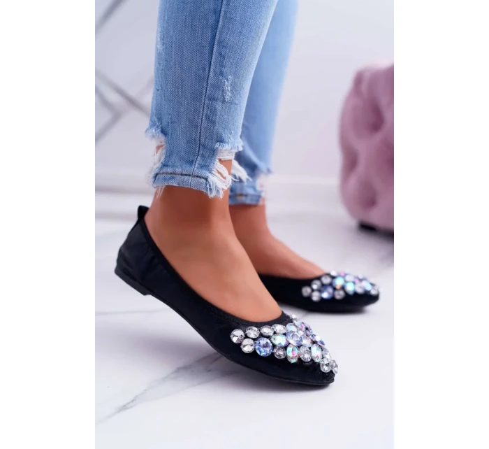 Kožené Baleríny S Ozdobnými Kameny Černé Crystal
