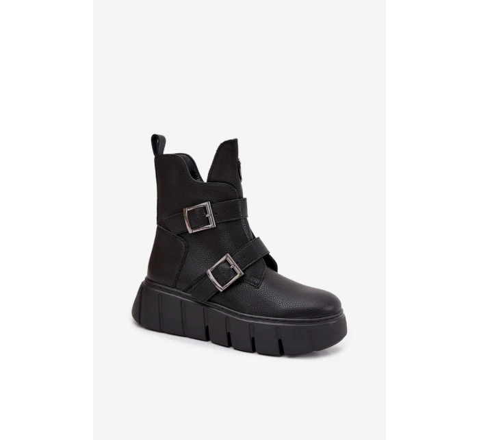Skórzane Ocieplane Botki Damskie Na Platformie Z Klamrami Vinceza 66842 Czarne