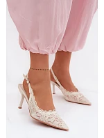 Krajkové Sandály na Podpatku Světle Béžové model 22103019 - Boto
