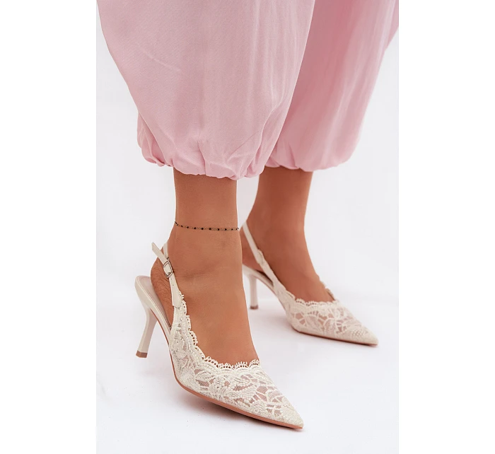 Krajkové Sandály na Podpatku Světle Béžové model 22103019 - Boto