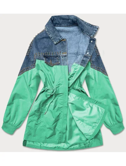 Svetlo modro-zelená dámska džínsová denim bunda z rôznych spojených materiálov (PFFS12233)