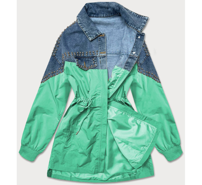 Svetlo modro-zelená dámska džínsová denim bunda z rôznych spojených materiálov (PFFS12233)