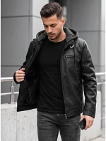 Pánska kožená zateplená bunda s kapucňou, čierna, FashionStreet TX5149 Pánska kožená zateplená bunda s kapucňou, čierna, FashionStreet TX5149