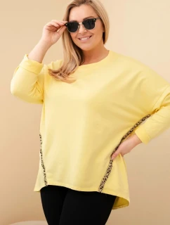 Dámske Plus veľkosť bavlnená blúzka s roll-up rukávmi a leopardí vzor žltá klopový pás