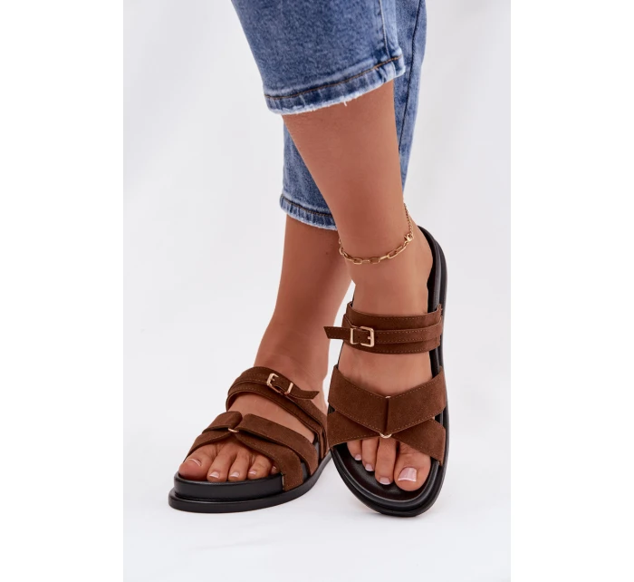 Dámské pantofle s pásky a zlatým sponou Hnědé Selorina