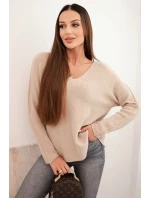 Dámsky viskózový sveter s výstrihom v tvare písmena V tmavobéžovej farby