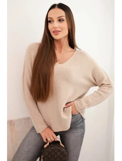 Dámsky viskózový sveter s výstrihom v tvare písmena V tmavobéžovej farby