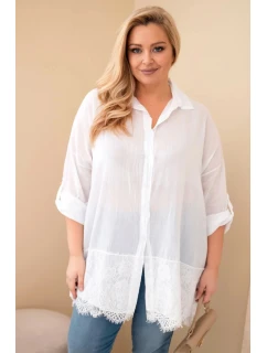 Dámske bavlnené tričko s čipkovým lemovaním v bielej farbe Plus Size