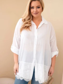 Dámske bavlnené tričko s čipkovým lemovaním v bielej farbe Plus Size