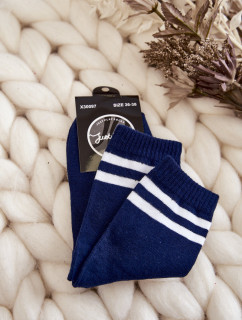 Dámske bavlnené športové ponožky s pruhmi námornícka modrá