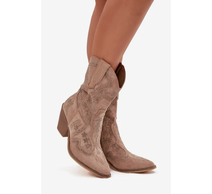 Botki Kowbojki Damskie Ze Zdobieniem Beżowe Arlissima